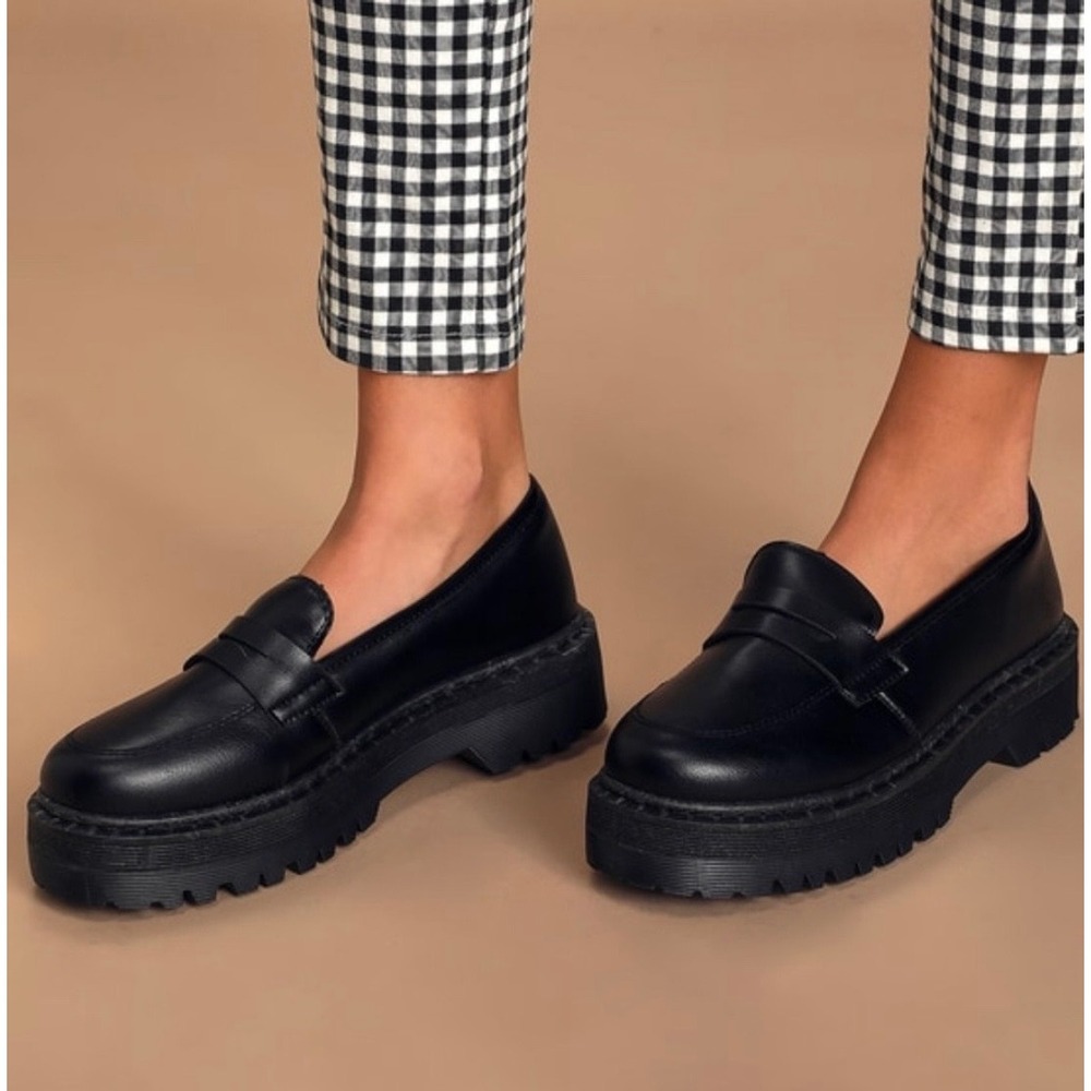Lulus Maysie Black Chunky Penny Loafers Platform Slip‎ On Shoes Size 11 Goth EUC